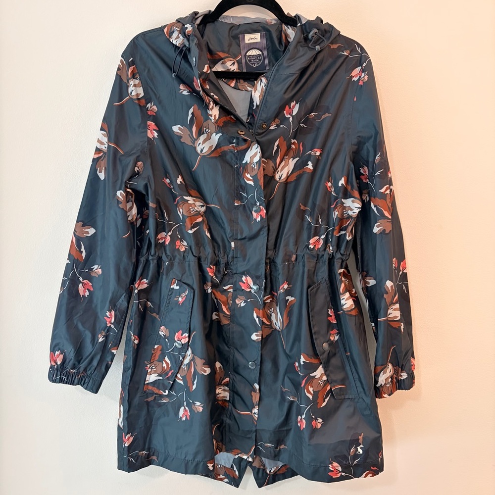 Joules Right as Rain Floral Blue-Gray Hooded Waterproof Jacket Size US 10